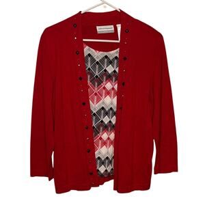 NWT Alfred Dunner Petite Large Red Cardigan Layered Top Women’s PL Studded Trim